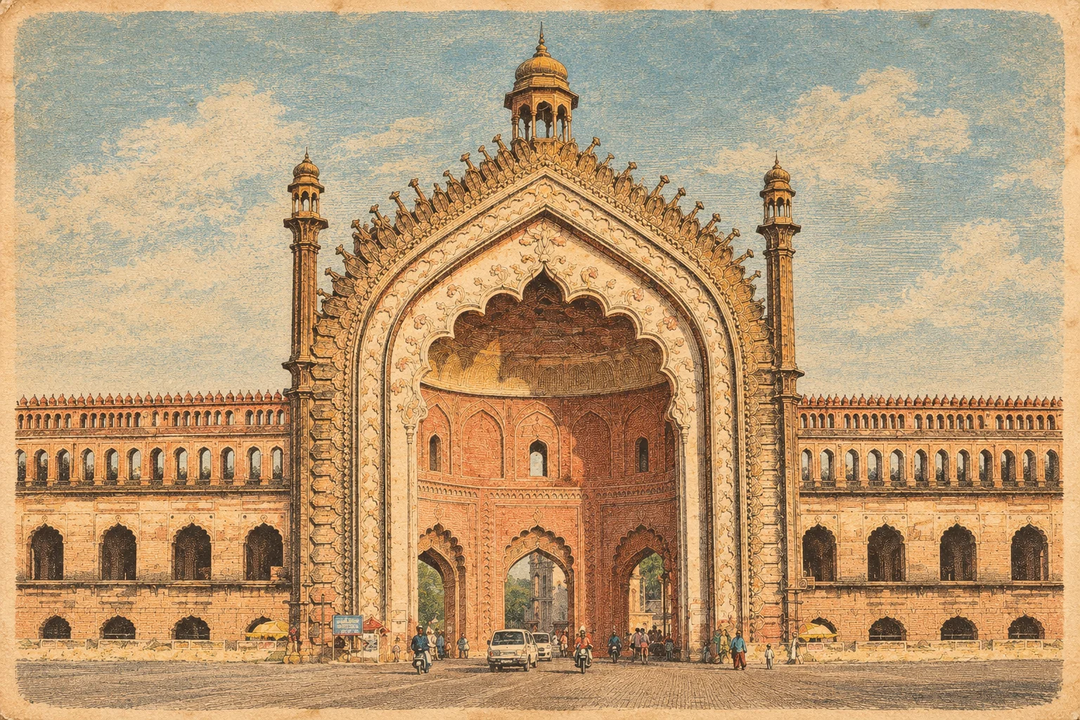 Example: heritage building converted into a hand-colored 19th-century lithograph travel print